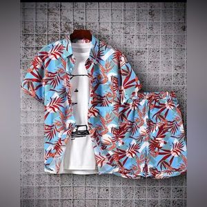 Men Tropical Print Button Through Shirt & Shorts-Medium
